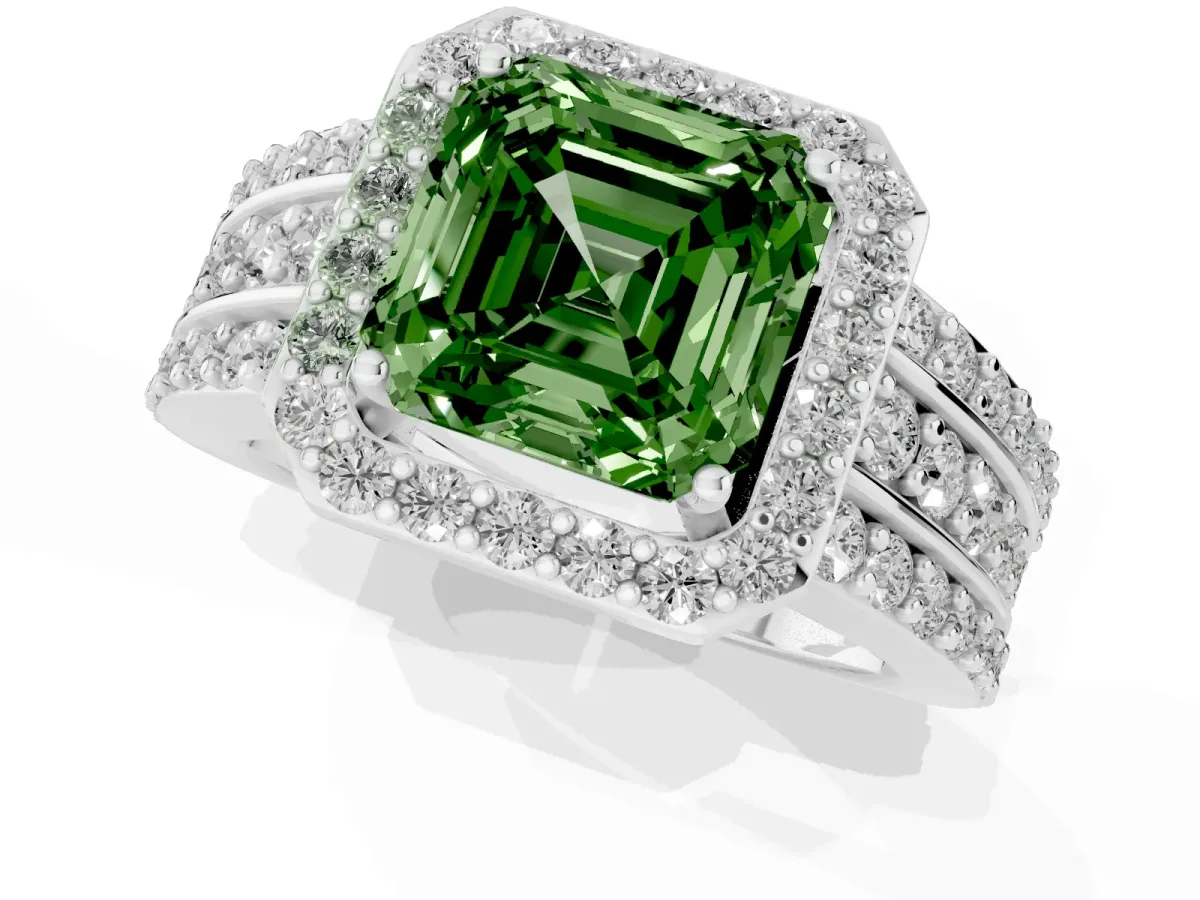 Fancy Green Asscher Cut Halo Diamond Ring with Round Split Shank and Prong Setting Silver