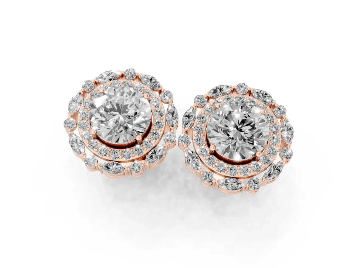 Round Diamond Double Halo Stud Earrings with Prong Setting Rose gold
