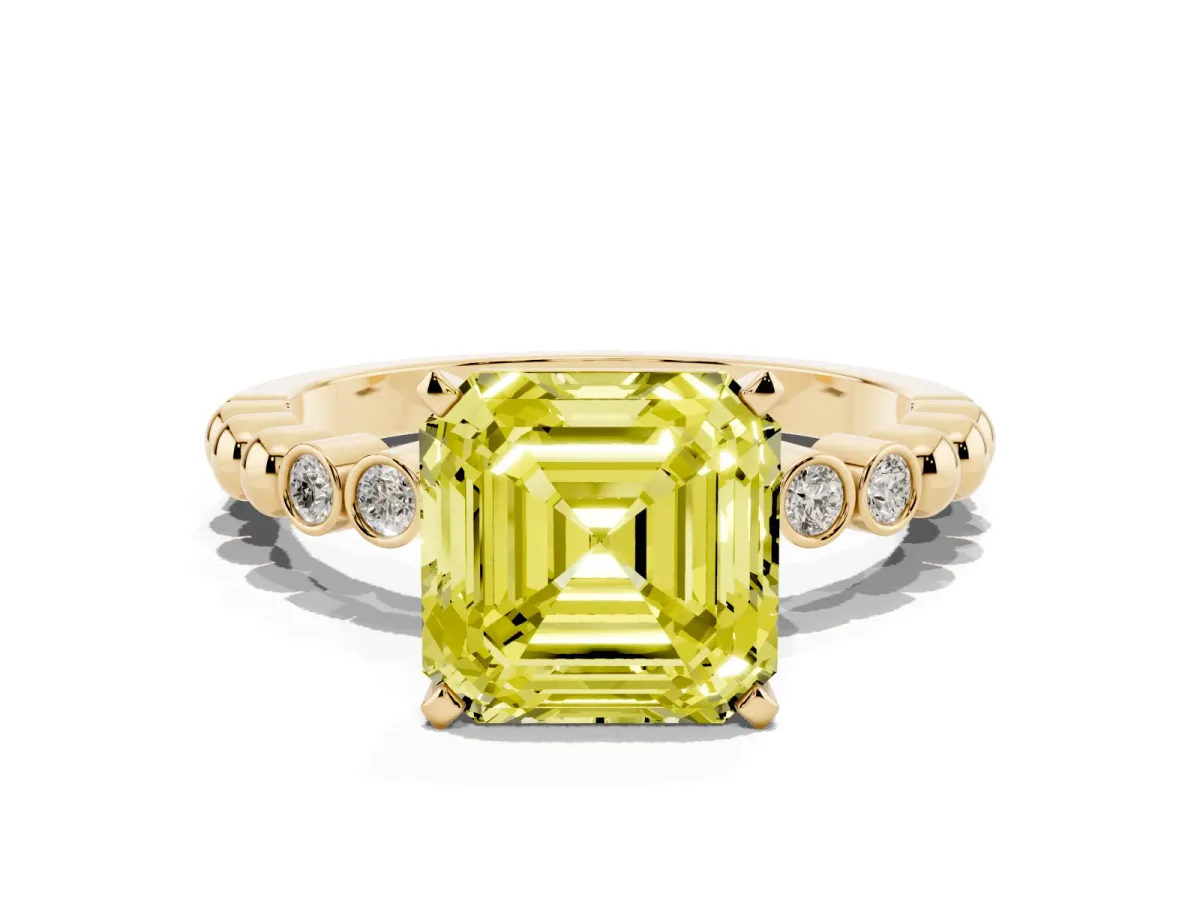 Fancy Yellow Asscher Cut Solitaire Bezel Accent Diamond Engagement Ring with Beaded Band and Four-Prong Setting Yellow gold