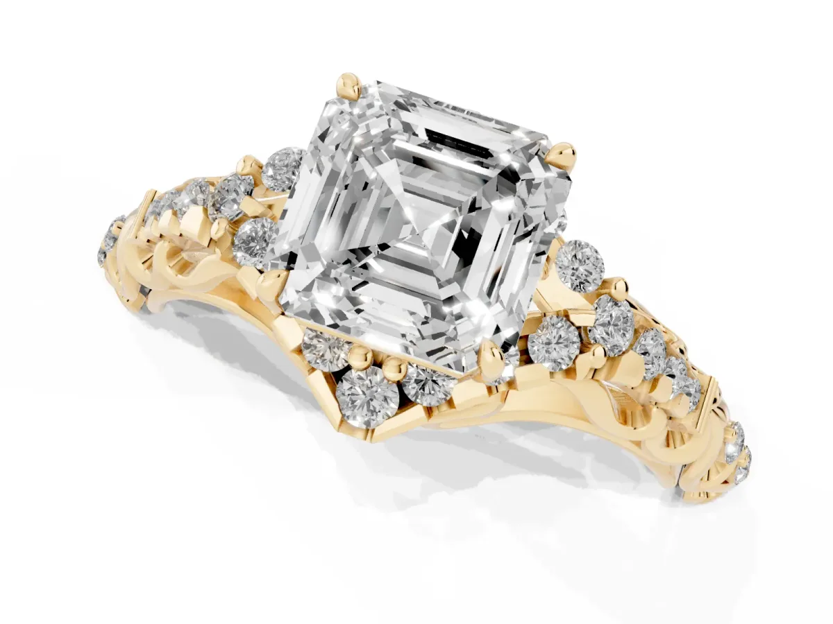 Asscher Cut Diamond Solitaire Ring with Hidden Halo and Pavé Band Yellow gold
