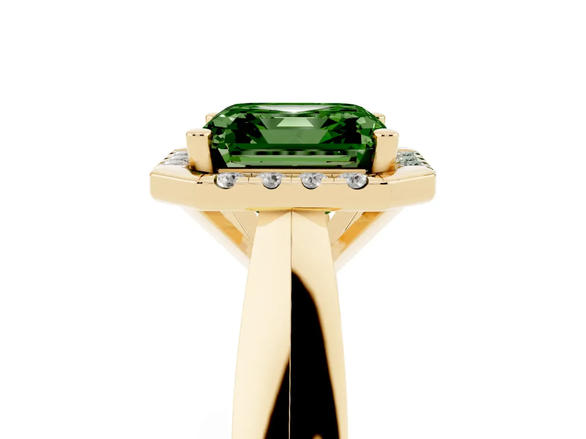 Fancy Green Asscher Cut Cut Halo Solitaire Engagement Ring with Square Band and Four-Prong Setting Yellow gold
