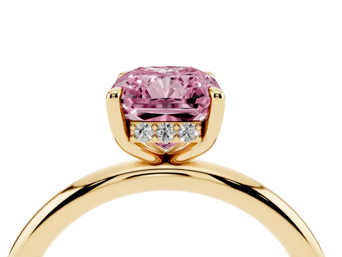 Fancy Pink Radiant Cut Diamond Solitaire Ring with Thin Band and Four-Prong Setting Yellow gold