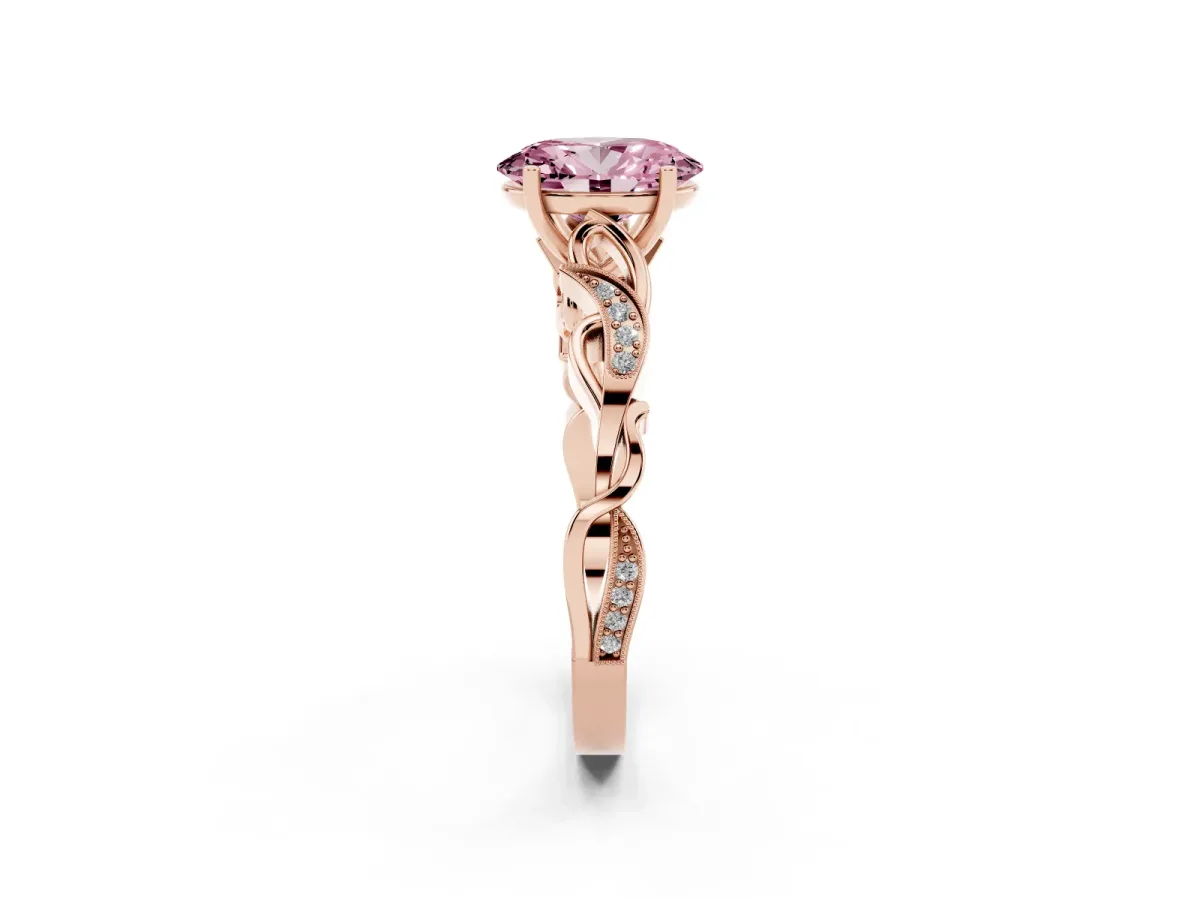 Fancy Pink Oval Cut Solitaire Vine Band with Milgrain Prong Setting Rose gold