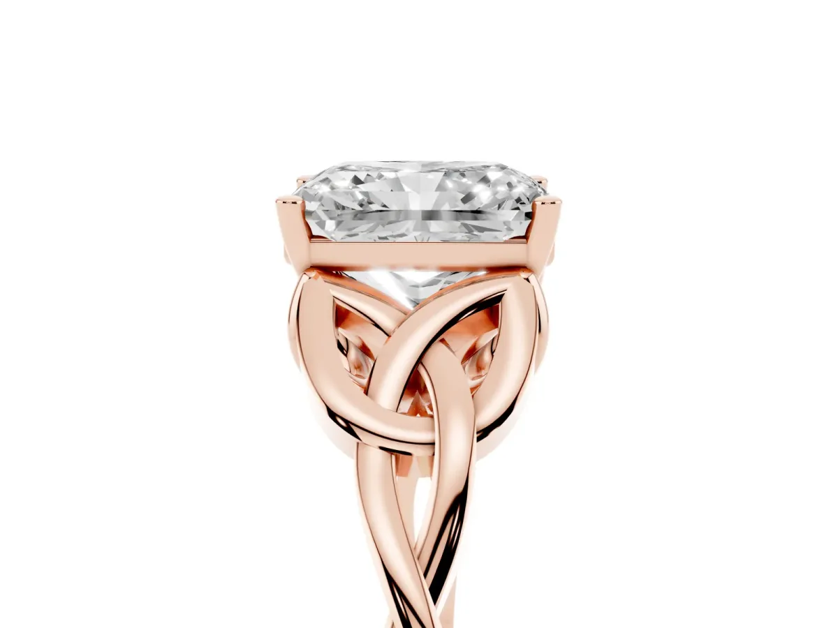 Radiant Cut Diamond Solitaire Engagement Ring with Celtic Knot Band and Four-Prong Setting Rose gold