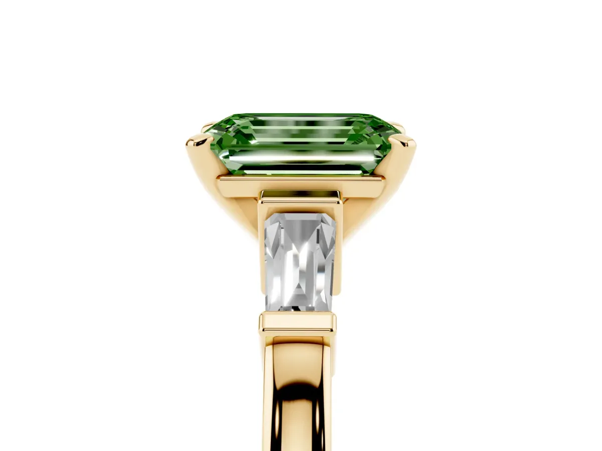 Fancy Green Emerald Cut Cut Diamond Solitaire Ring with Tapered Baguette Accents and Four-Prong Setting Yellow gold
