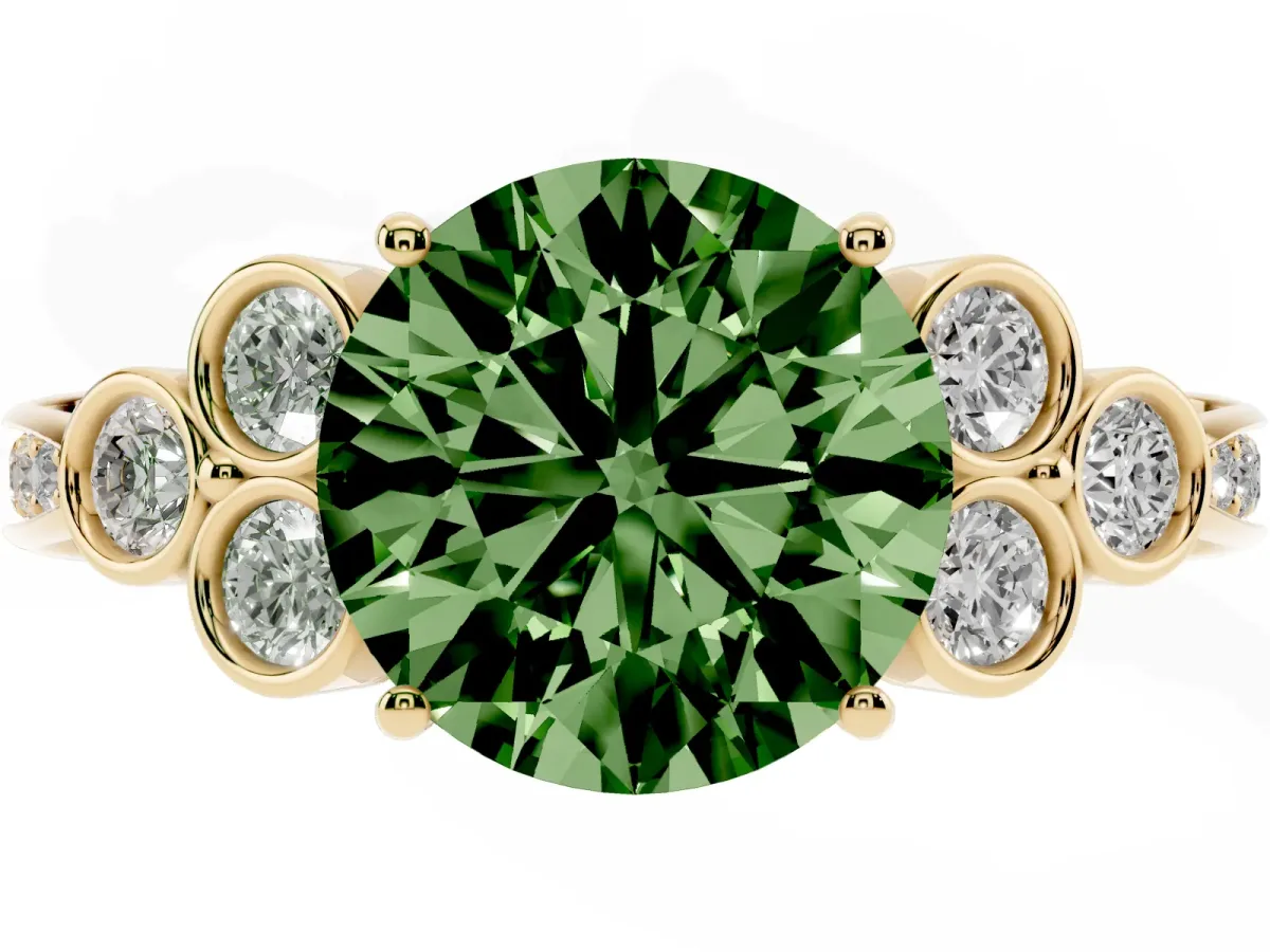 Fancy Green Round Cut Cut Diamond Engagement Ring with Bezel Set Round Side Stones and Prong Setting Yellow gold