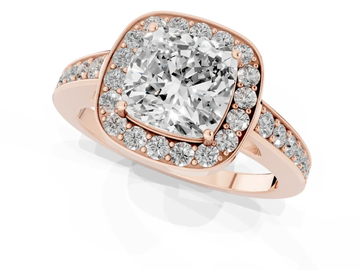Cushion Cut Halo Pavé Diamond Engagement Ring with Bezel Setting Rose gold
