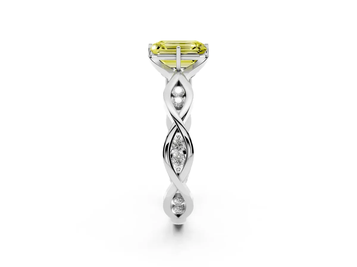 Fancy Yellow Emerald Cut Solitaire Twist Band with Leaf Prong Setting Platinum