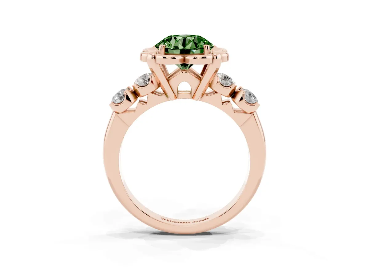 Fancy Green Round Cut Cut Diamond Floral Halo Engagement Ring with Shared Prong Setting Rose gold