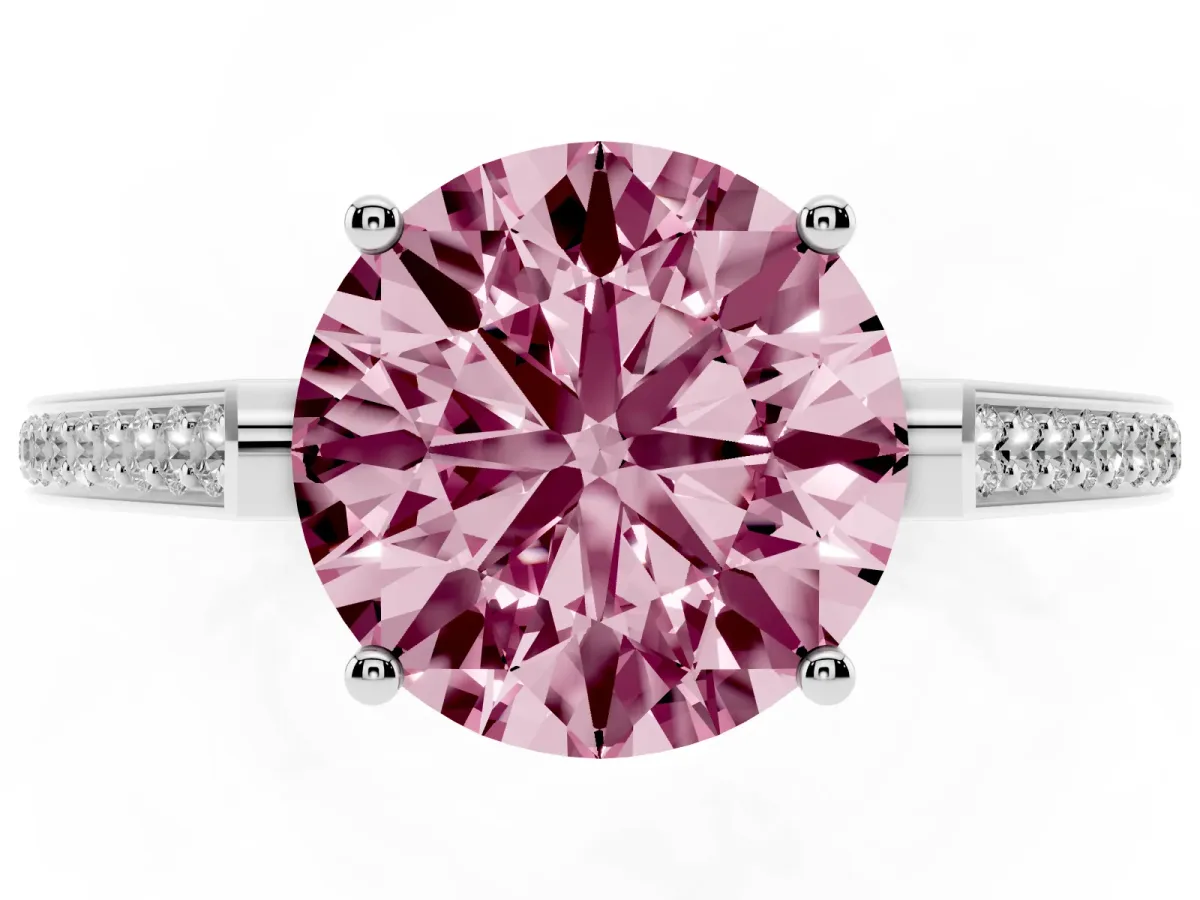 Fancy Pink Round Cut Cut Cathedral Pave Diamond Engagement Ring with Six-Prong Setting Silver