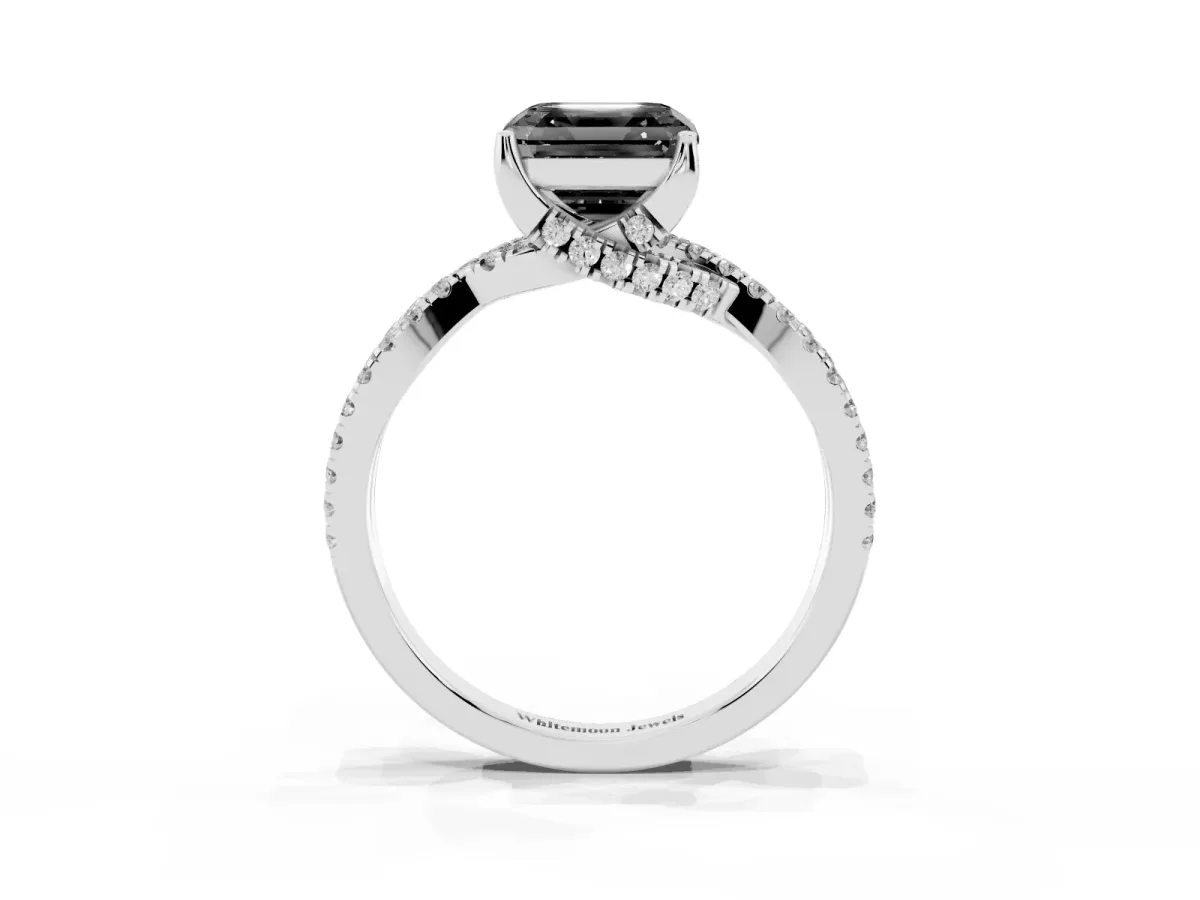 Fancy Black Asscher Cut Solitaire Twist Pave Diamond Engagement Ring with Prong Setting Silver