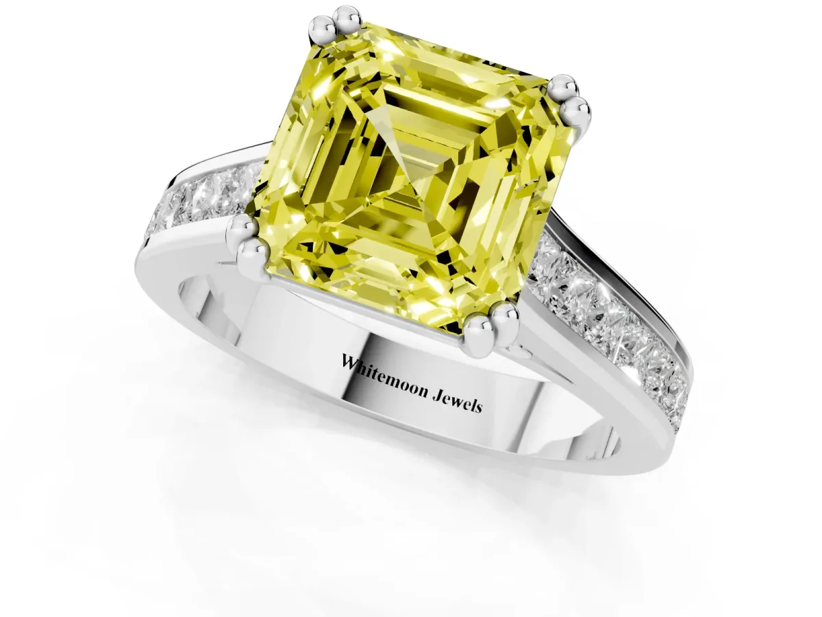 Fancy Yellow Asscher Cut Cut Channel Set Solitaire Engagement Ring with Prong Setting Silver
