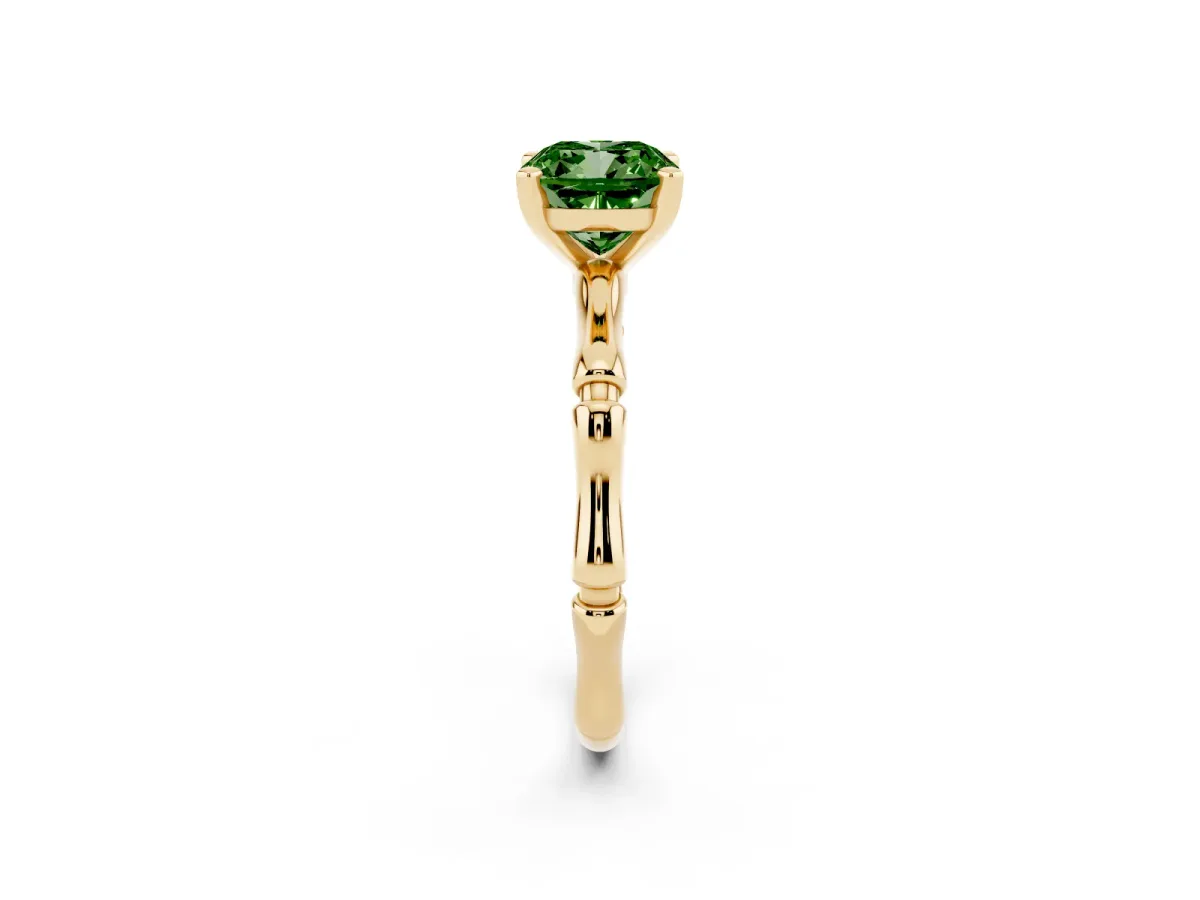 Fancy Green Cushion Cut Solitaire Diamond Ring with Bamboo Band and Four-Prong Setting Yellow gold
