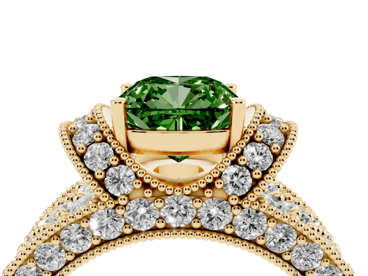 Fancy Green Cushion Cut Halo Pave Diamond Engagement Ring with Milgrain Detailing Yellow gold