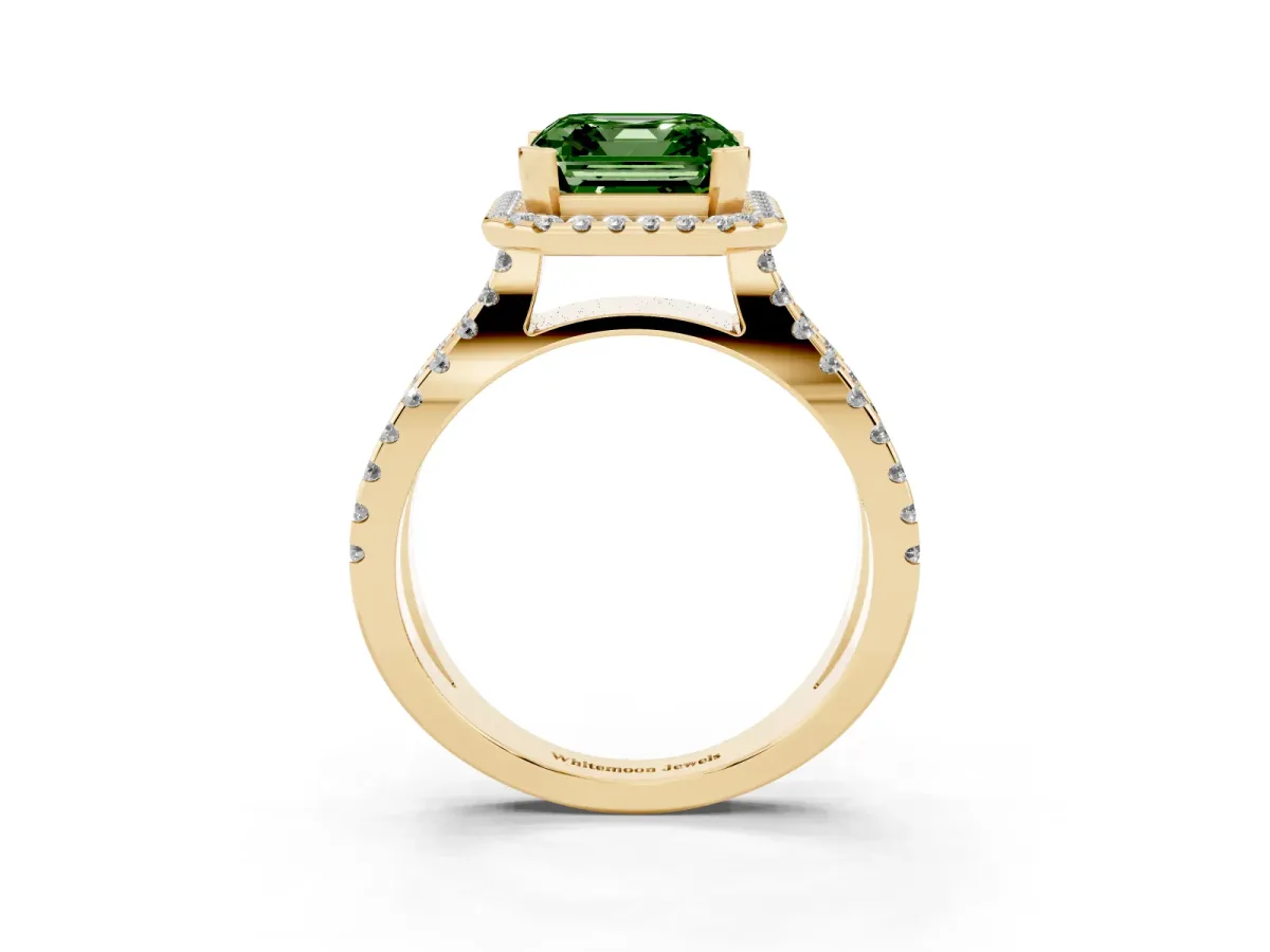 Fancy Green Asscher Cut Diamond Halo Ring with Split Shank Pavé Band and Prong Setting Yellow gold