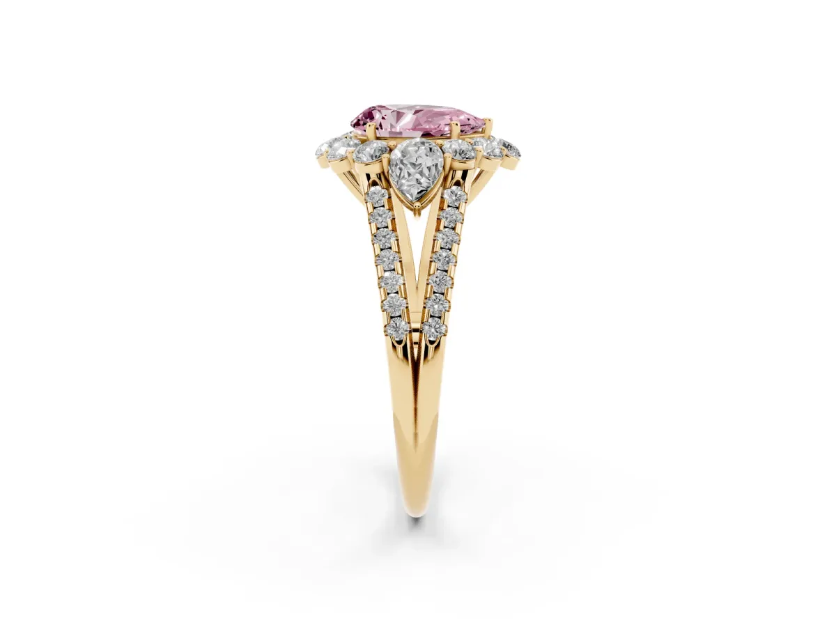 Fancy Pink Pear Cut Halo Split Shank Diamond Engagement Ring with Prong Setting Yellow gold