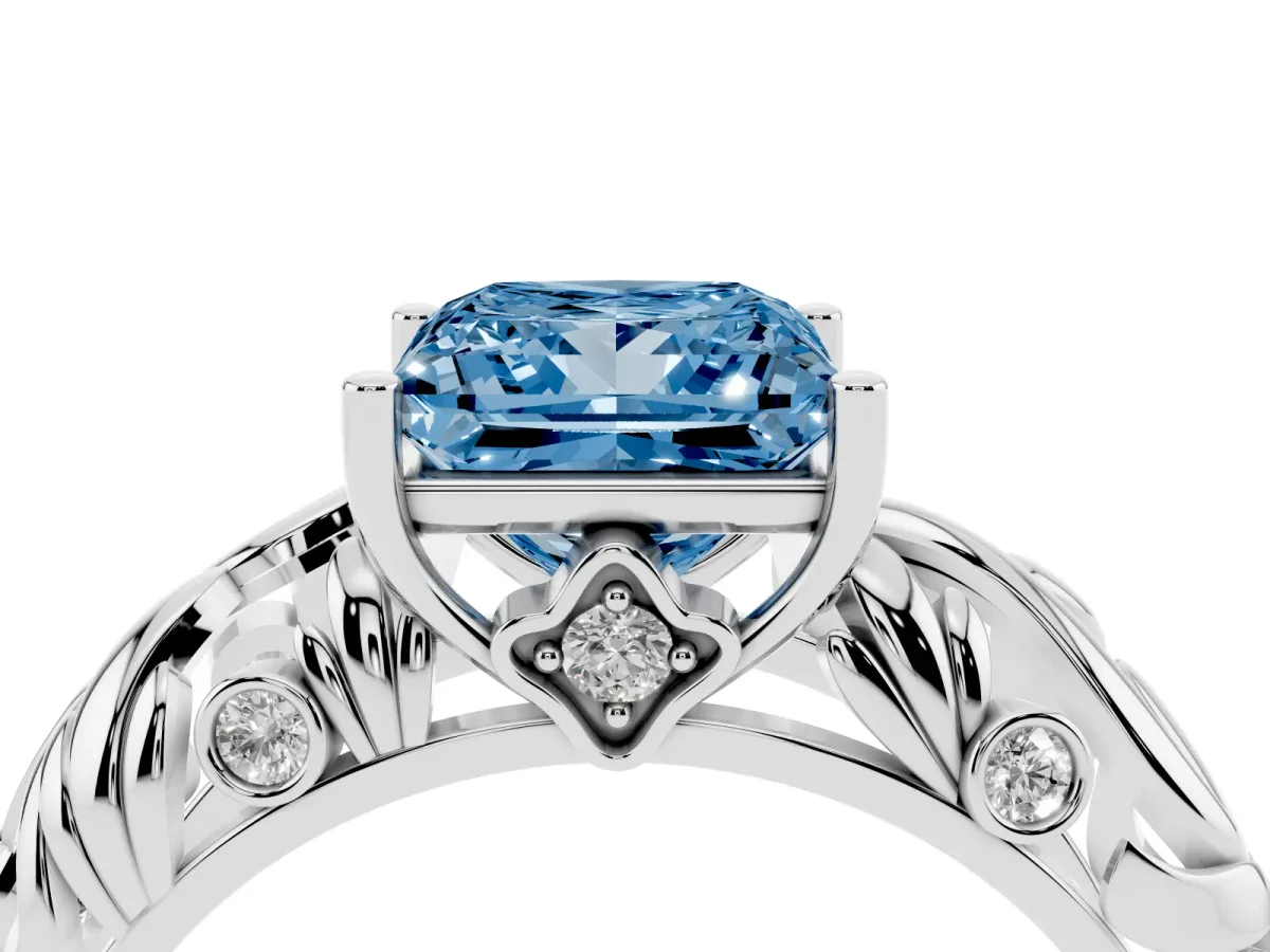 Fancy Blue Princess Cut Solitaire Diamond Leaf-Inspired Vine Band Ring with Prong Setting Silver