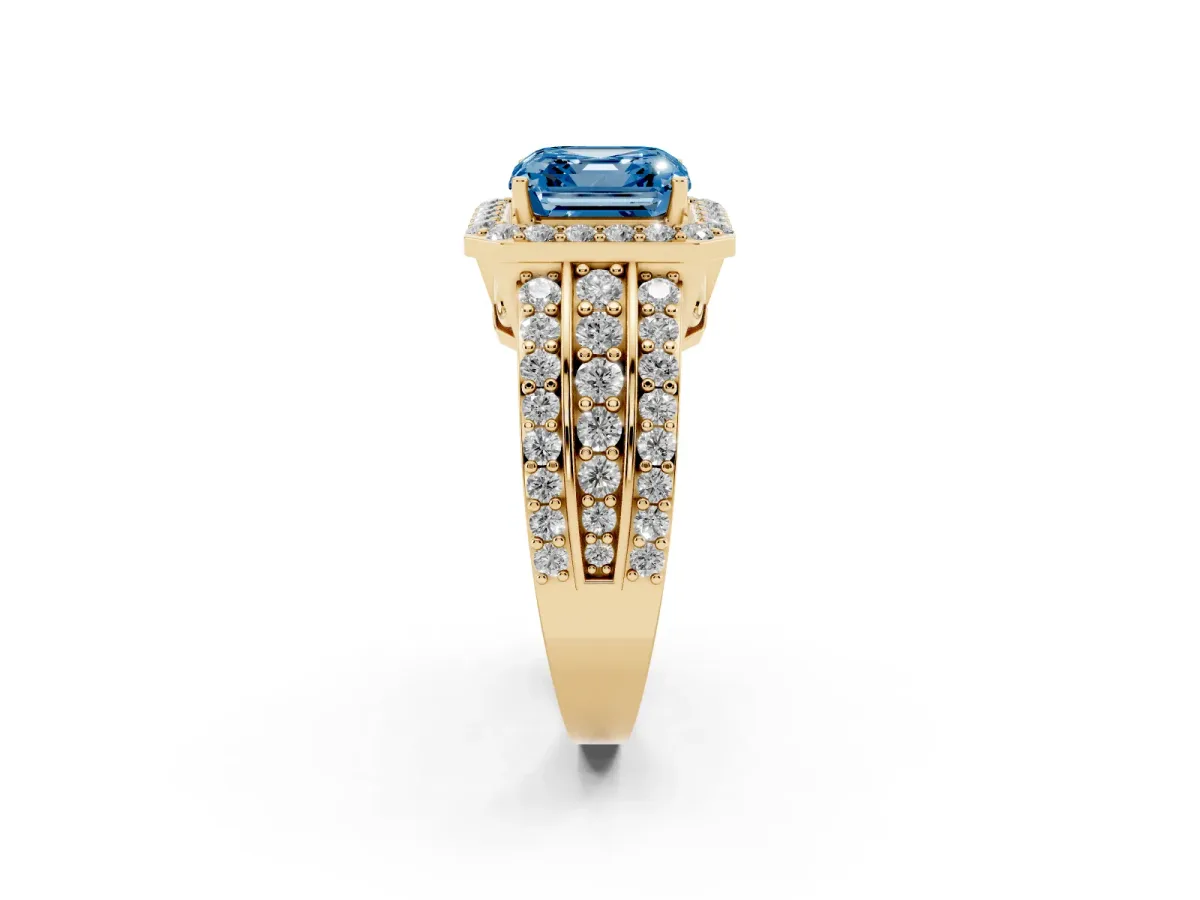 Fancy Blue Asscher Cut Halo Diamond Ring with Round Split Shank and Prong Setting Yellow gold