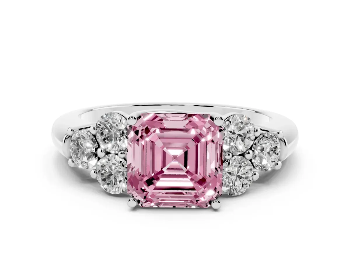 Fancy Pink Asscher Cut Cut Diamond Cluster Ring with Round Accent Stones and Prong Setting on a Classic Band White gold