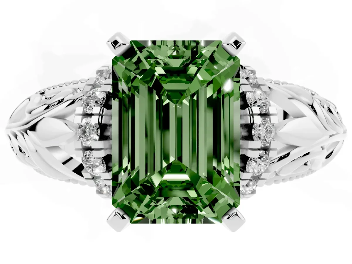 Fancy Green Emerald Cut Solitaire Filigree Engagement Ring with Halo and Prong Setting Platinum