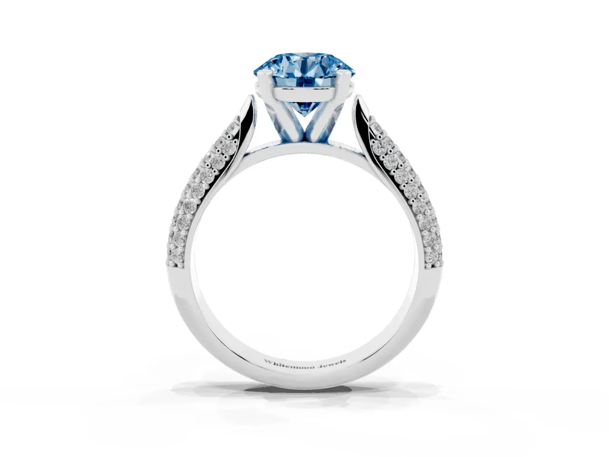 Fancy Blue Round Cut Diamond Solitaire Engagement Ring with Multi-Row Round Pavé Band and Prong Setting Silver