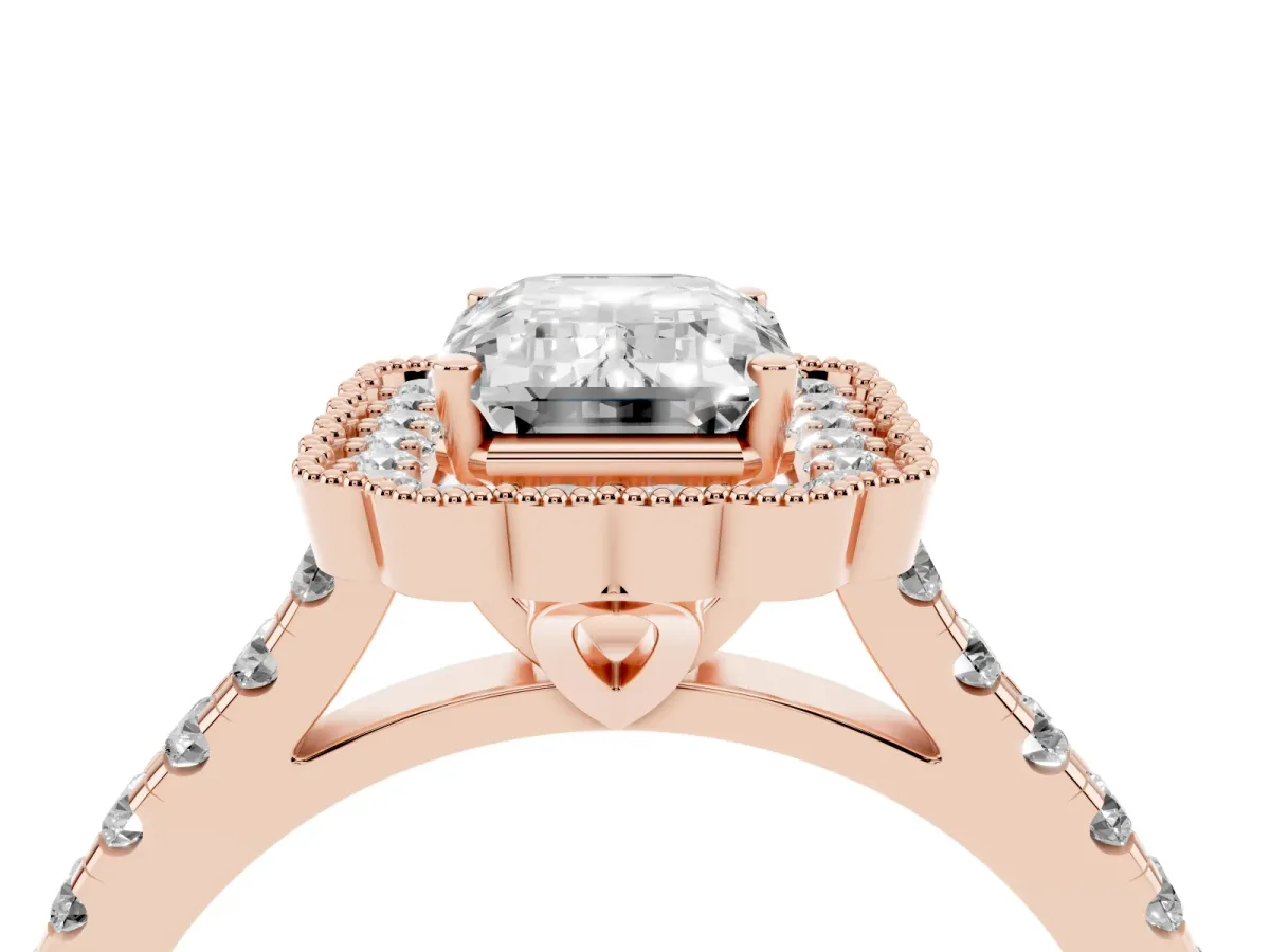 Emerald Cut Cut Diamond Milgrain Floral Halo Engagement Ring with Pavé Band Rose gold