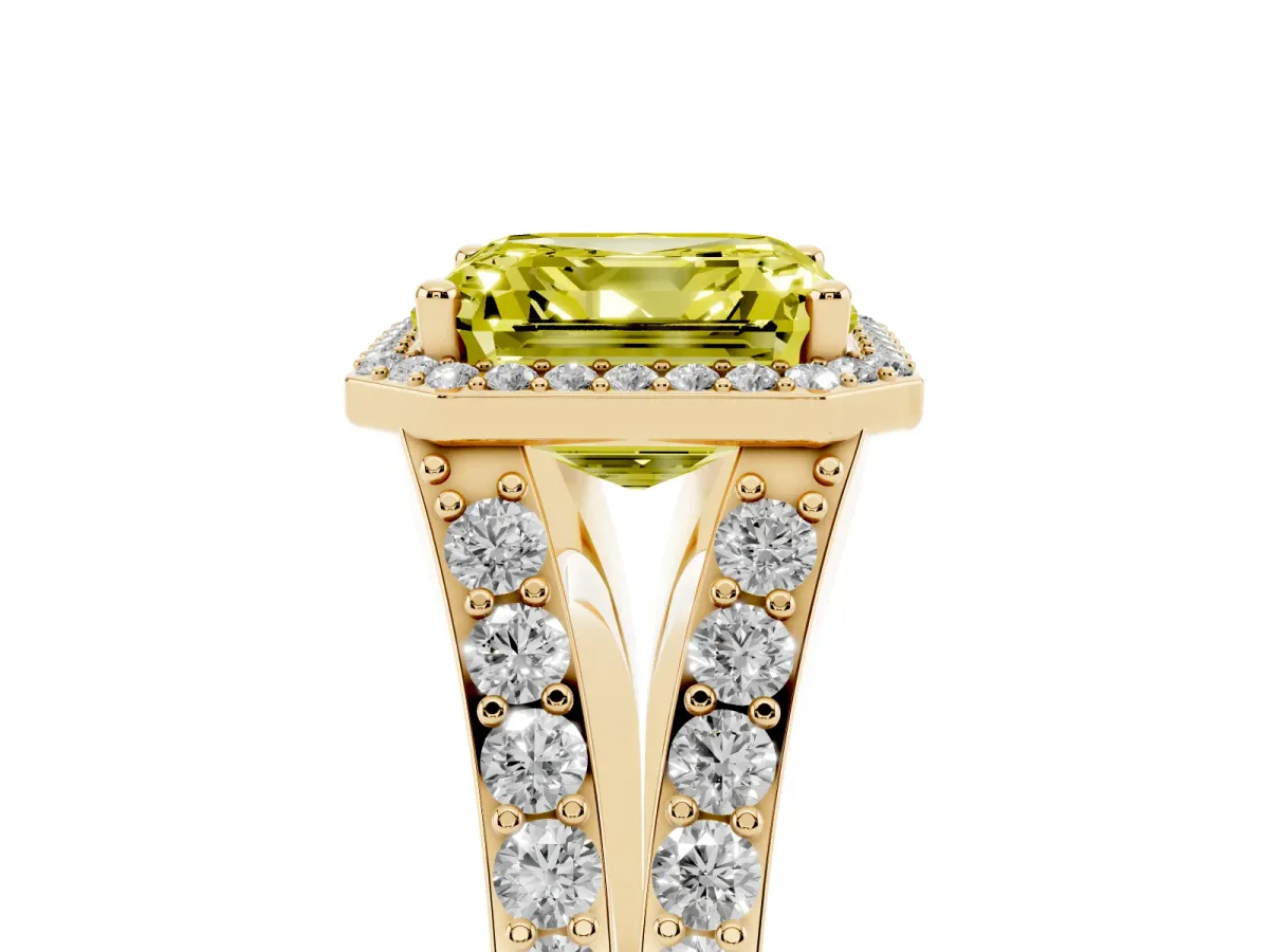 Fancy Yellow Asscher Cut Diamond Split Shank Halo Ring with Four-Prong Setting Yellow gold