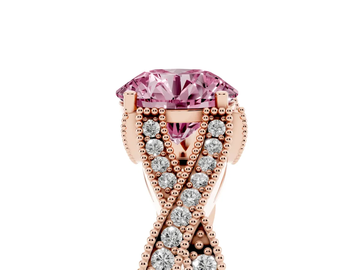 Fancy Pink Round Cut Cut Diamond Twisted Band with Milgrain Pave Setting and Four-Prong Setting Rose gold