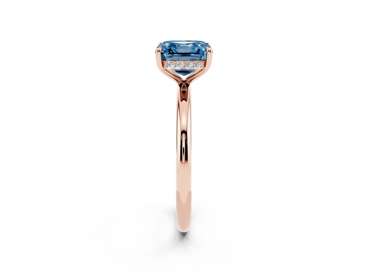 Fancy Blue Asscher Cut Diamond Solitaire Ring with Thin Band and Four-Prong Setting Rose gold