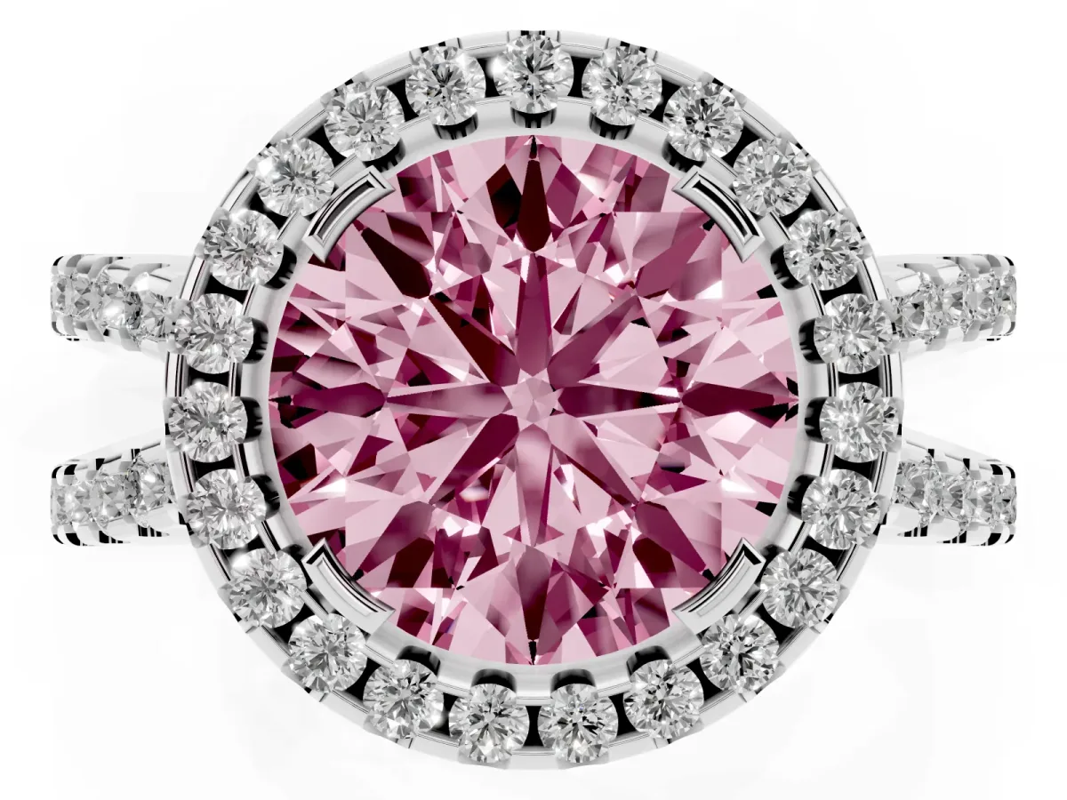 Fancy Pink Round Cut Diamond Halo Ring with Split Shank Pavé Band and Prong Setting Silver