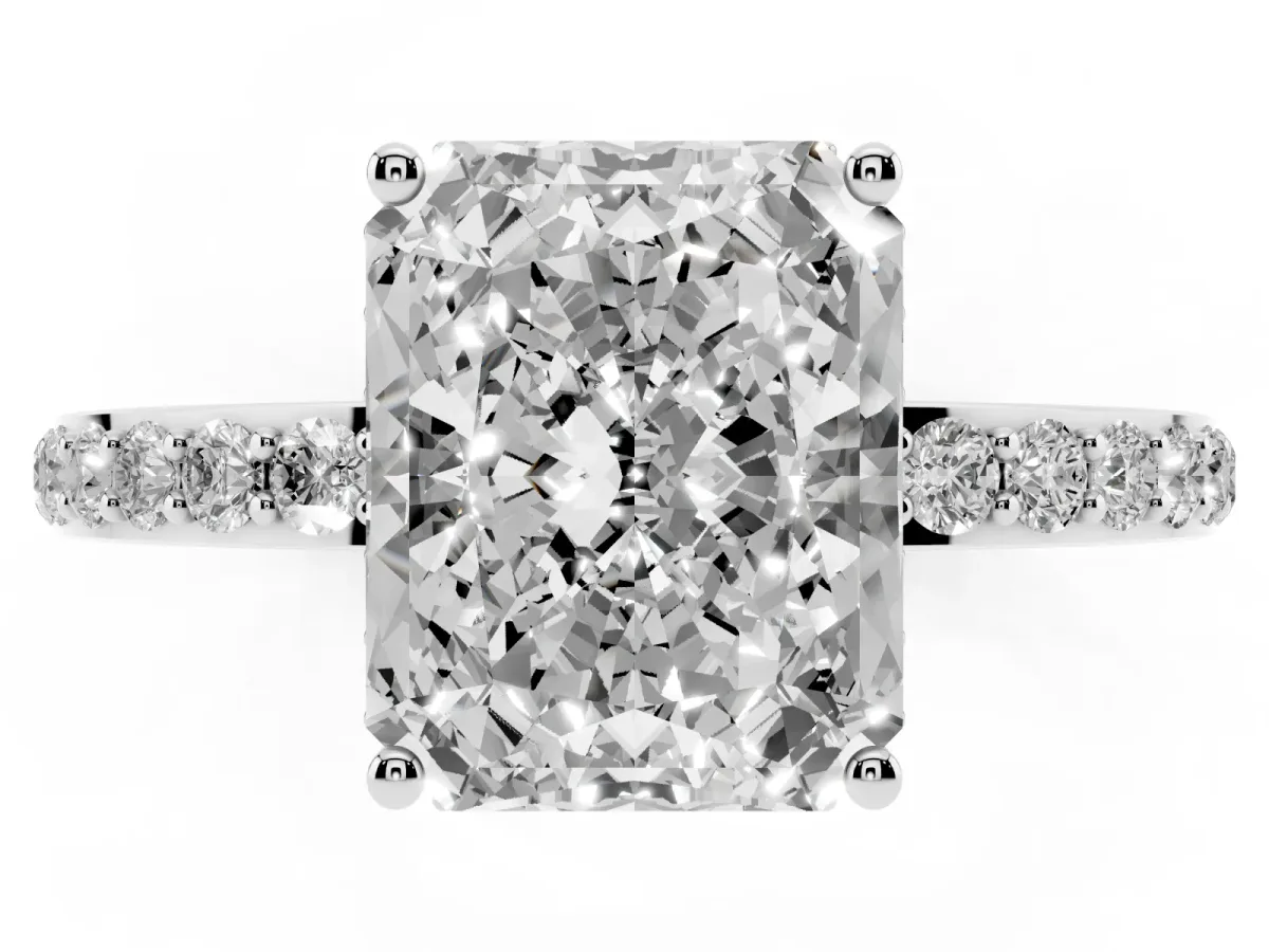 Radiant Cut Diamond Solitaire Ring with Pavé Band and Hidden Halo Silver