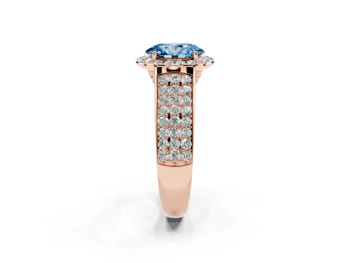 Fancy Blue Oval Cut Halo Round Diamond Pave Band with Prong Setting Rose gold