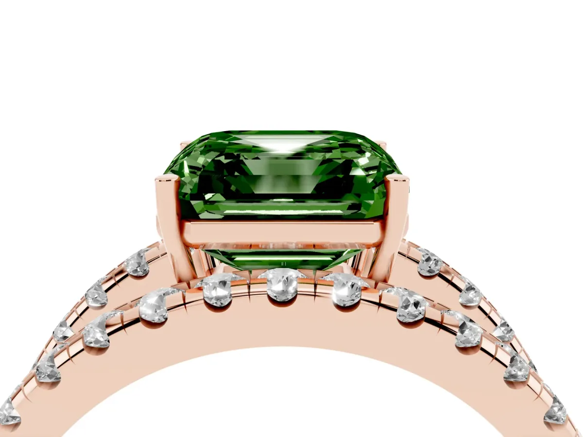 Fancy Green Asscher Cut Solitaire Split Shank Pave Diamond Ring Rose gold