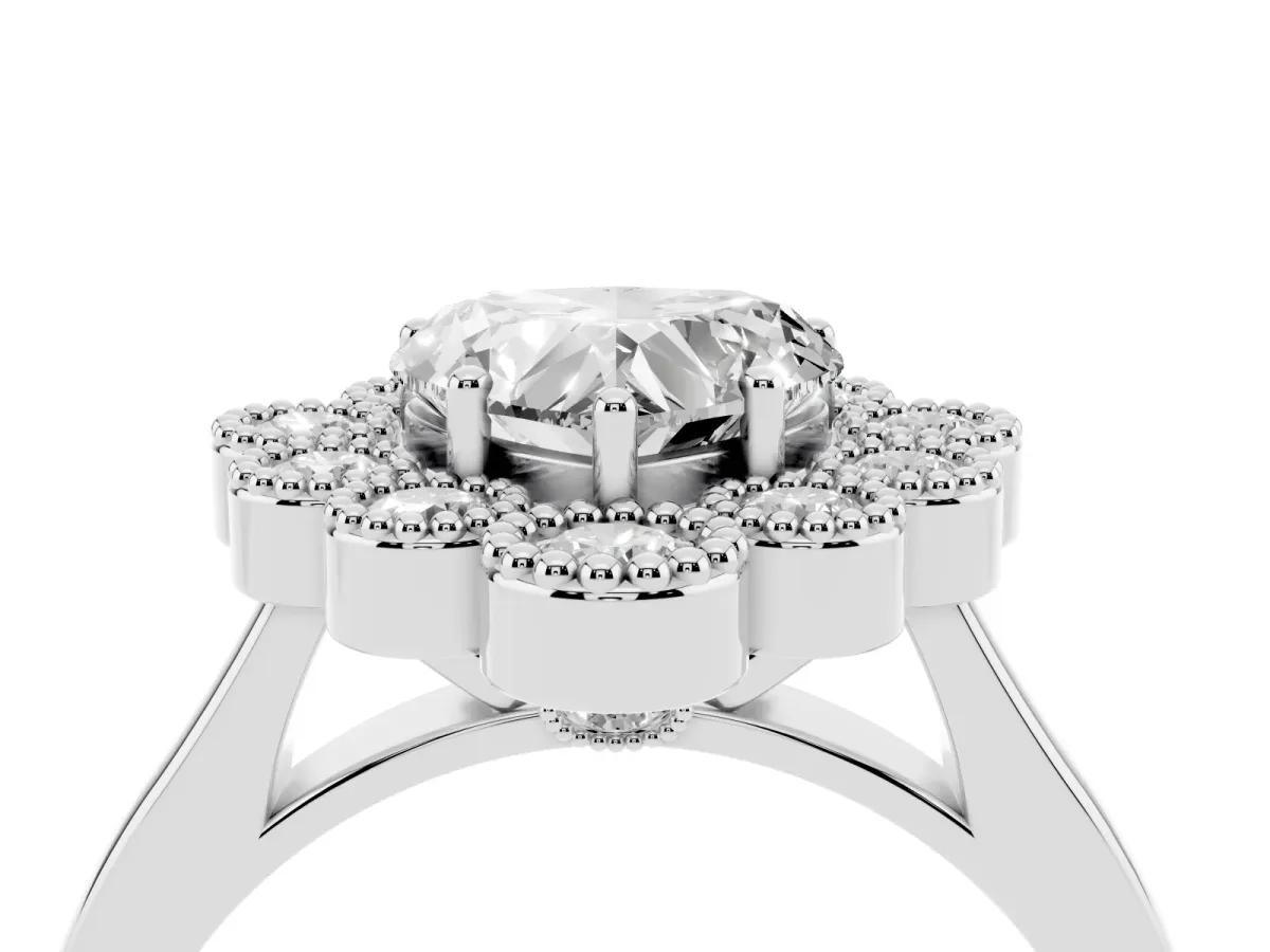 Heart Cut Halo Diamond Cluster Engagement Ring with Milgrain Bezel Setting and Solitaire Band White gold