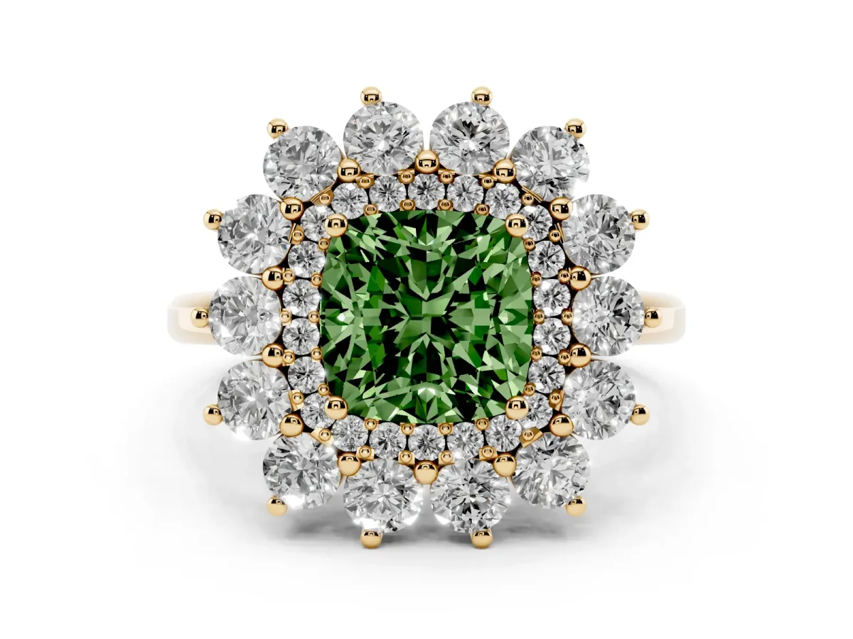 Fancy Green Cushion Cut Diamond Floral Double Halo Engagement Ring with Prong Setting Yellow gold
