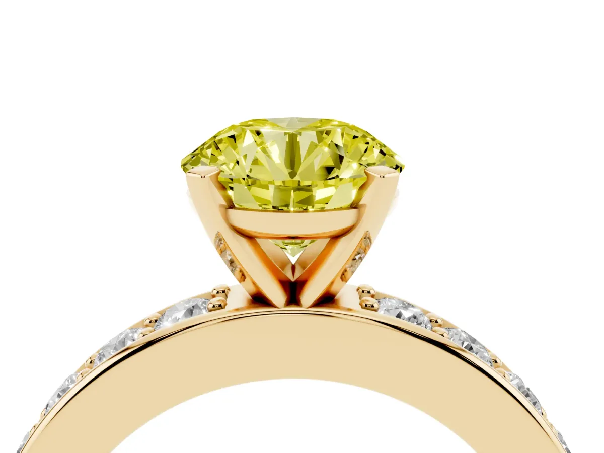 Fancy Yellow Round Cut Diamond Engagement Ring with Channel Set Round Band and Prong Setting Yellow gold