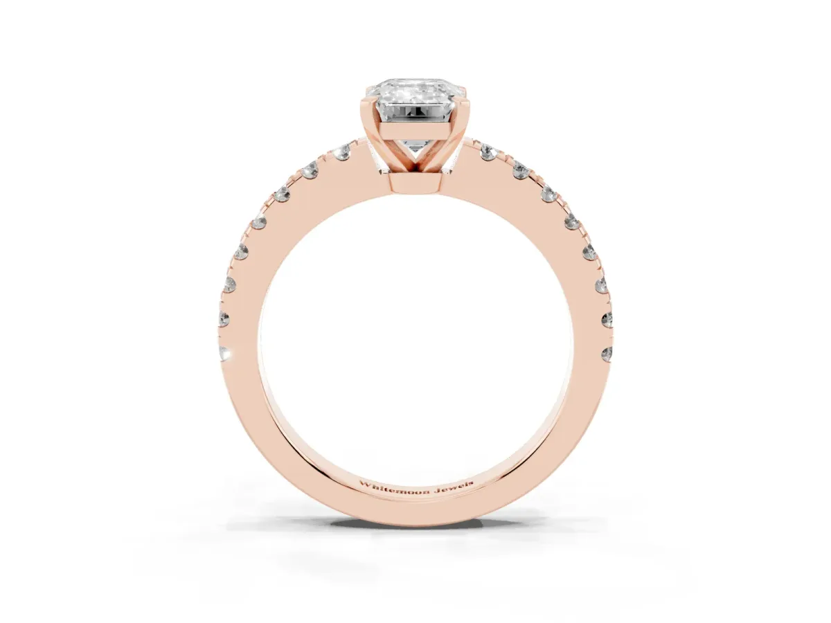 Emerald Cut Solitaire Diamond with Pavé Band and Four-Prong Setting Rose gold