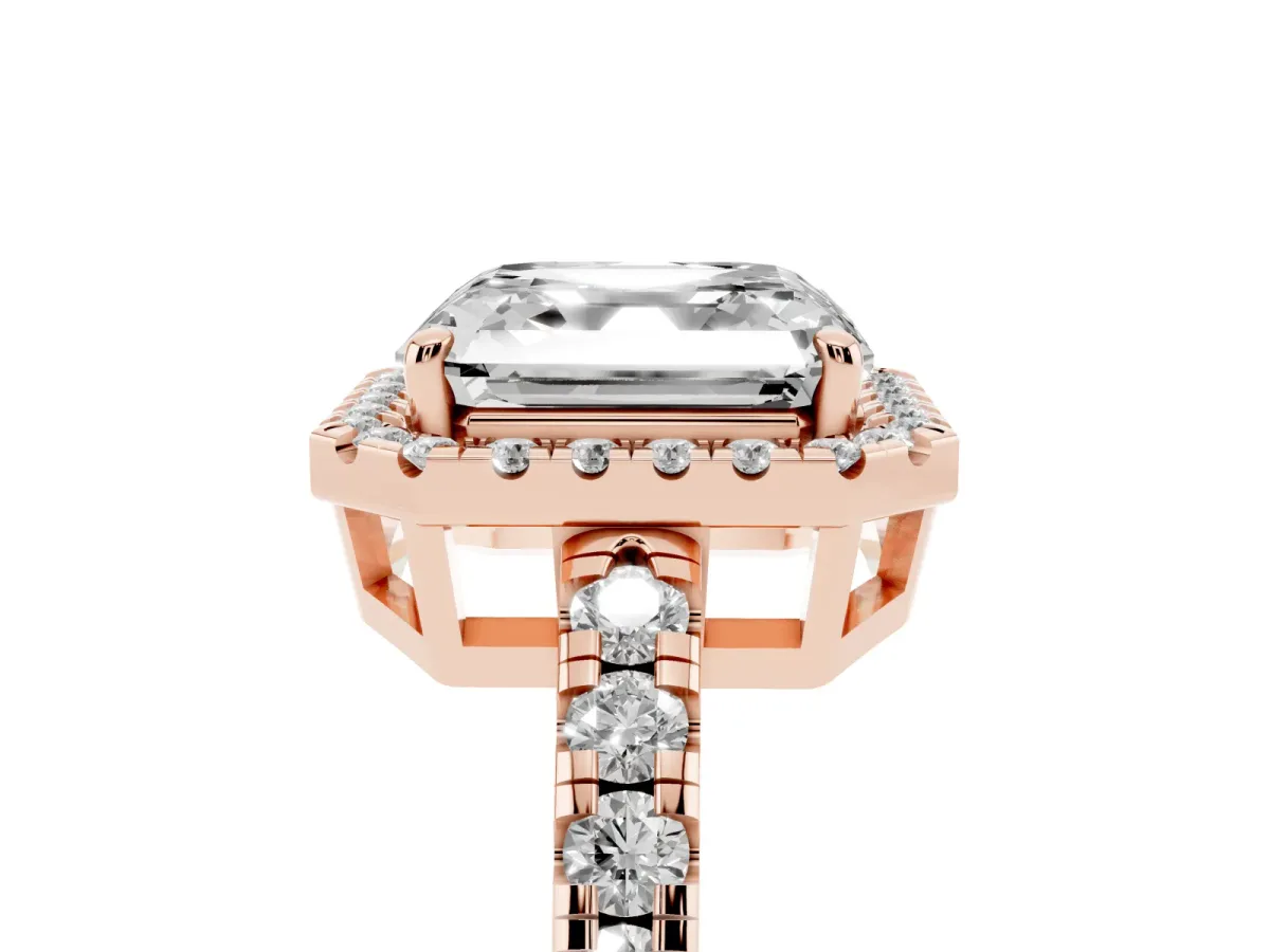 Asscher Cut Diamond Halo Ring with Pavé Band and Four-Prong Setting Rose gold