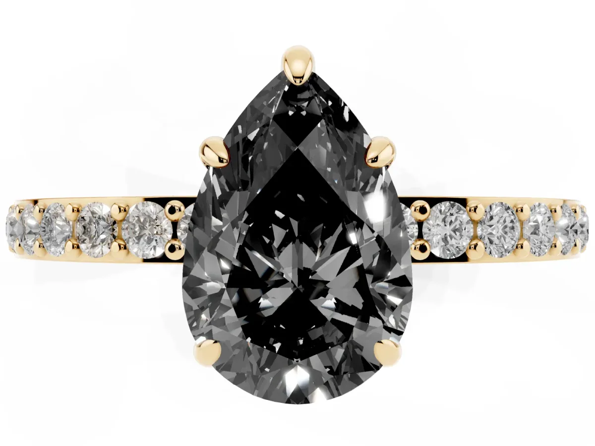 Fancy Black Pear Cut Diamond Pavé Engagement Ring with Round Accents and Prong Setting Yellow gold
