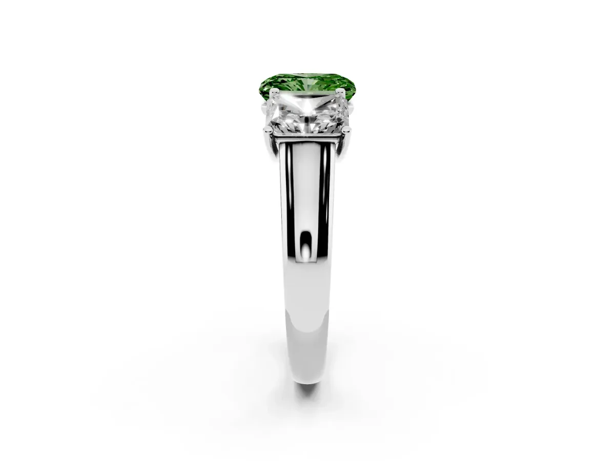 Fancy Green Radiant Cut Three-Stone Diamond Ring with Prong Setting on a Classic Band Silver