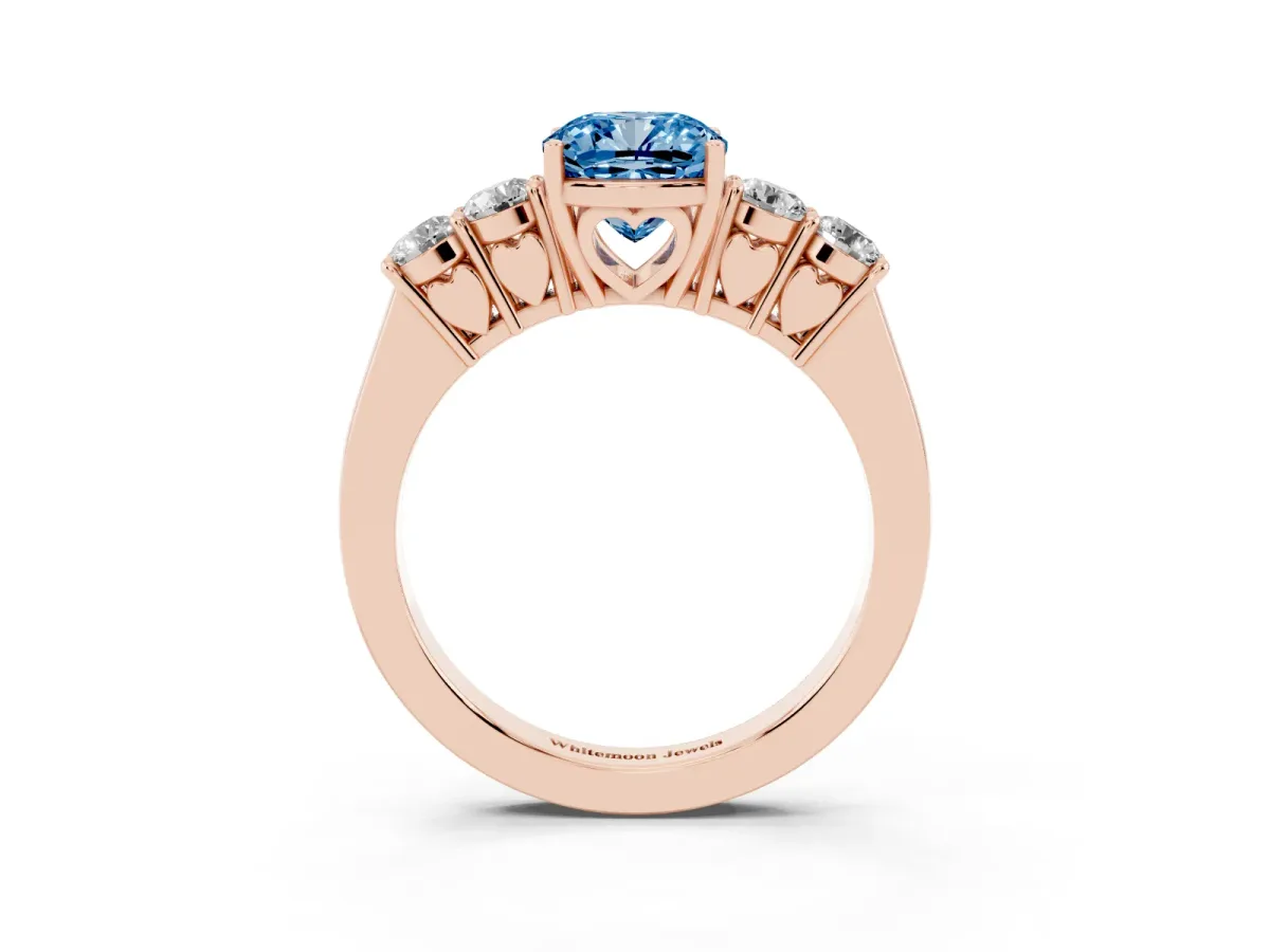 Fancy Blue Cushion Cut Cut Diamond Five-Stone Prong Set White Gold Ring Rose gold