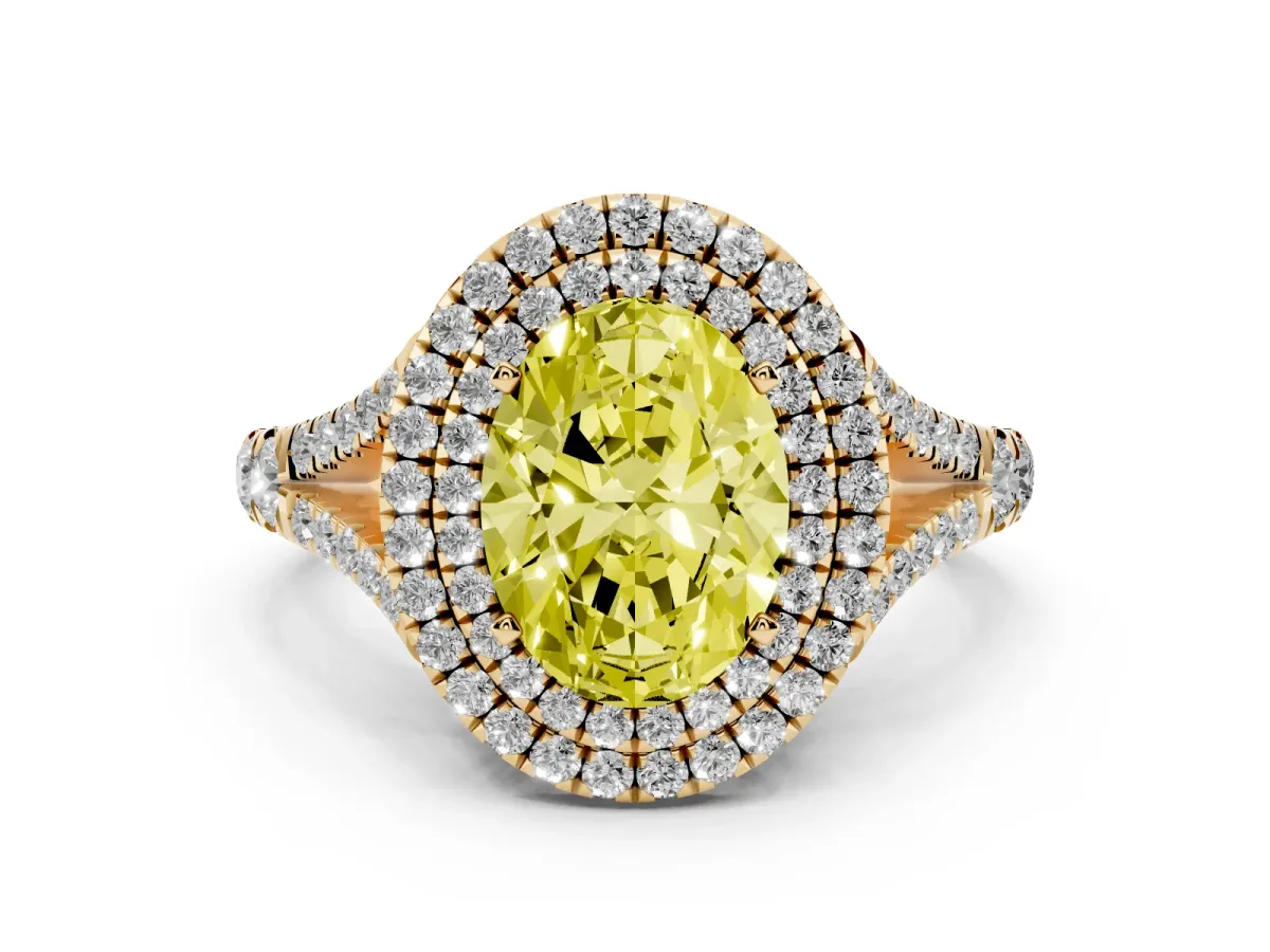 Fancy Yellow Oval Cut Diamond Pavé Split Shank Double Halo Engagement Ring Yellow gold