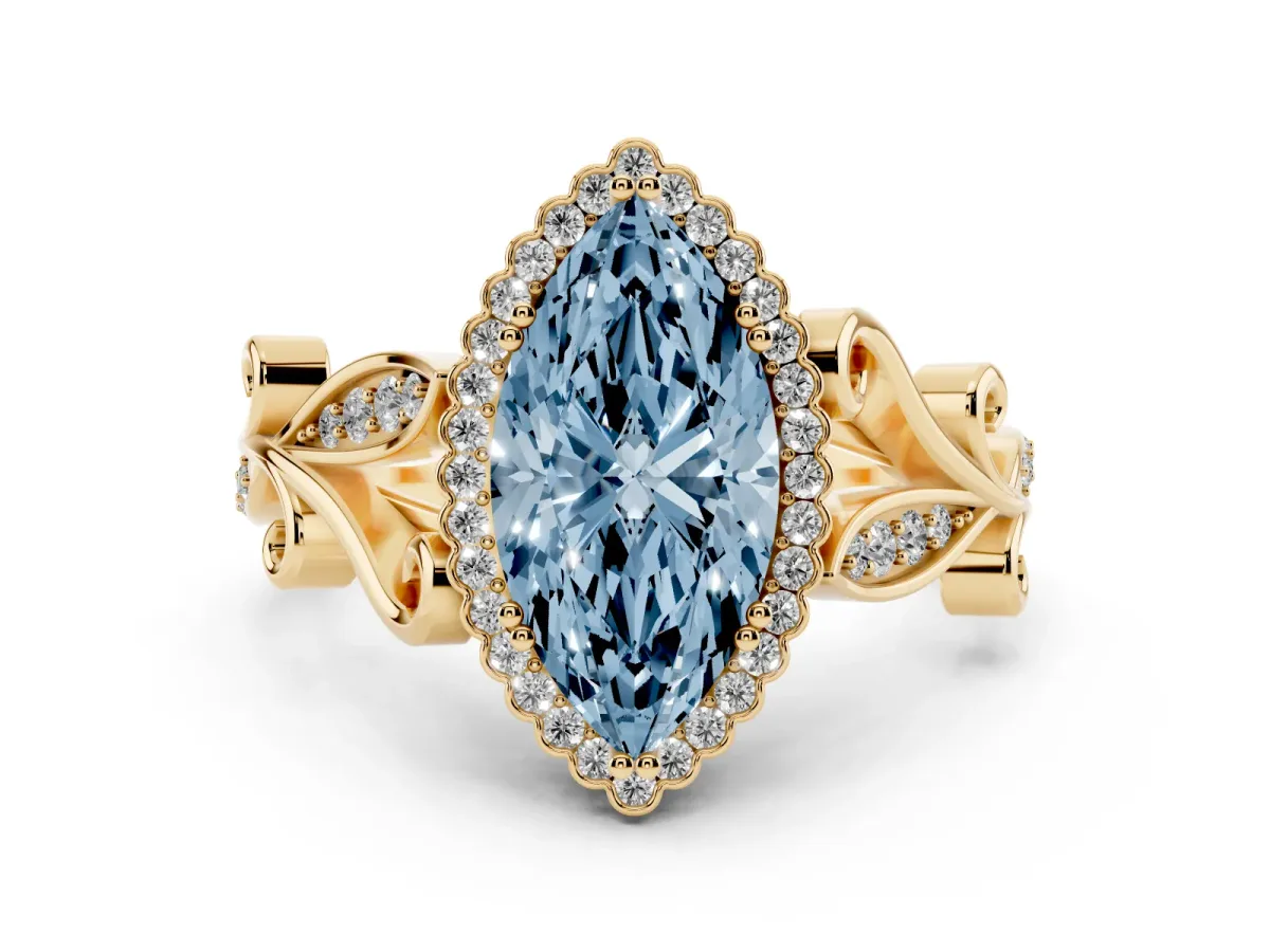 Fancy Blue Marquise Cut Diamond Halo Ring with Vintage Split Shank and Four-Prong Setting Yellow gold