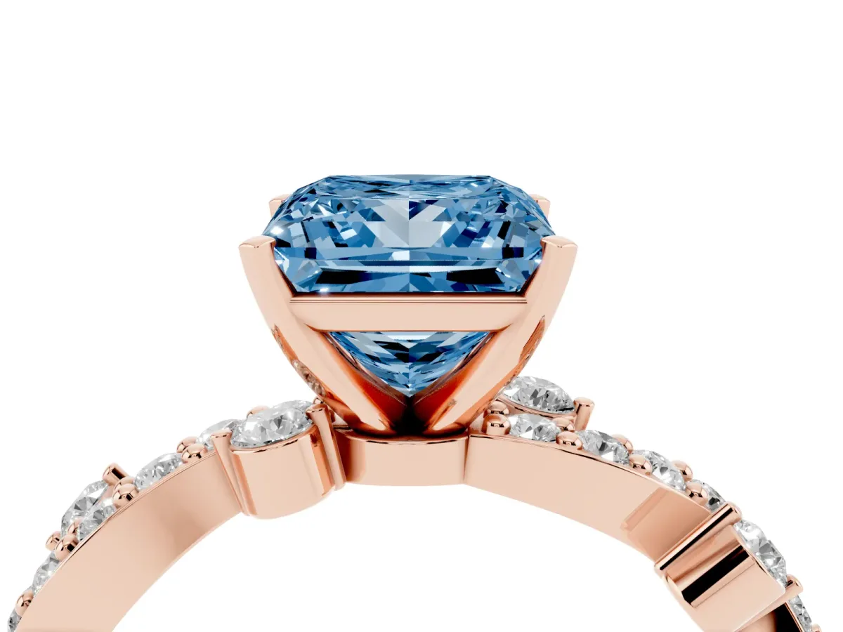 Fancy Blue Princess Cut Cut Solitaire Diamond Twisted Band with Pave Setting Rose gold