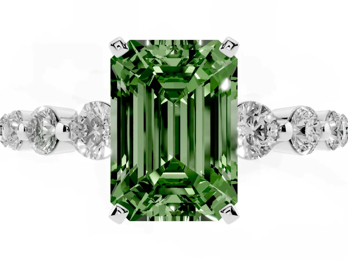 Fancy Green Emerald Cut Solitaire Diamond Ring with Pave Band and Four-Prong Setting Silver