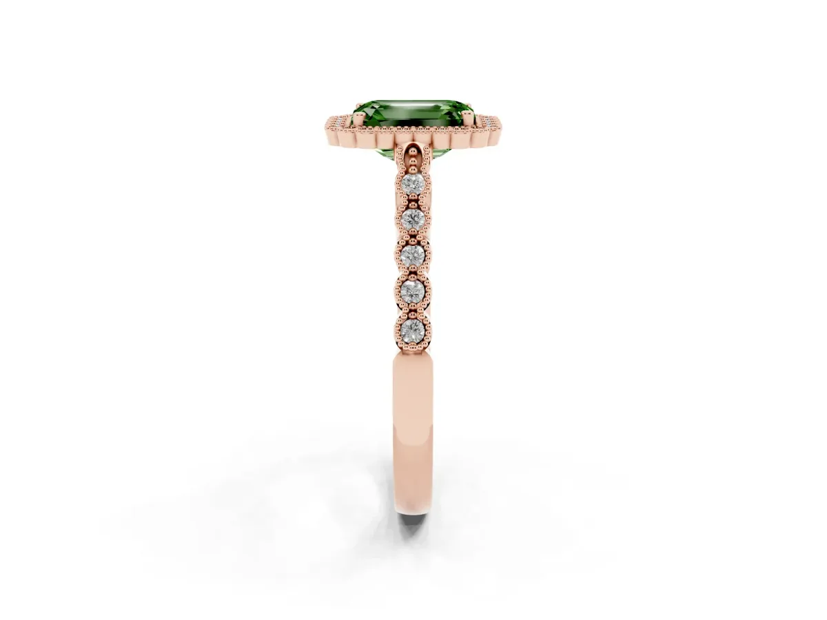 Fancy Green Emerald Cut Cut Halo Pavé Solitaire Ring with Milgrain Band Rose gold