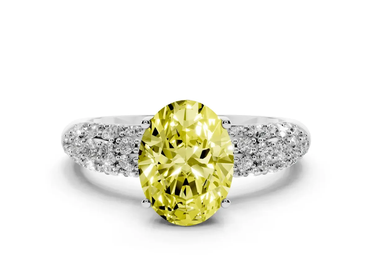 Fancy Yellow Oval Cut Diamond Pavé Band Solitaire Ring with Four-Prong Setting Platinum