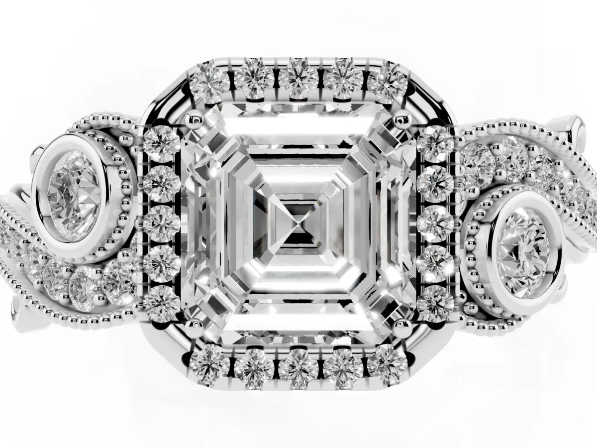 Asscher Cut Diamond Halo Ring with Milgrain Pavé Band and Four-Prong Setting Platinum