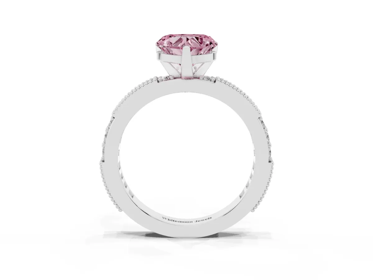 Fancy Pink Heart Cut Solitaire with Pavé Band and Four-Prong Setting Silver