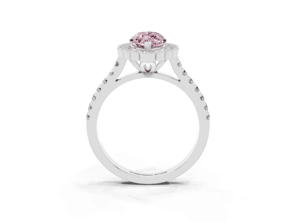 Fancy Pink Marquise Cut Cut Diamond Milgrain Floral Halo Engagement Ring with Pavé Band Silver